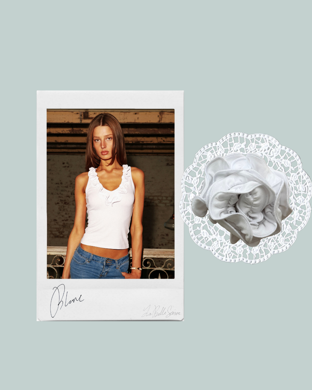 Amélie Ruffle Top Blanc campaign colour collage
