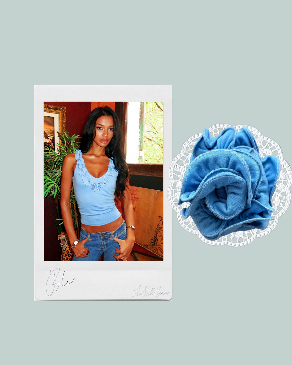 Amélie Ruffle Top Bleu campaign colour collage