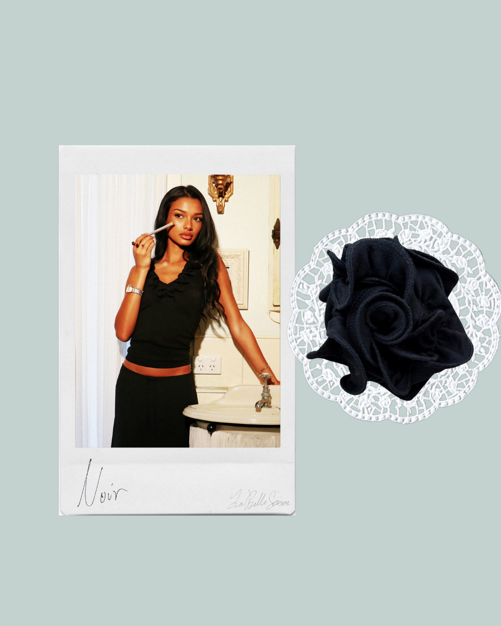 Amélie Ruffle Top Noir campaign colour collage